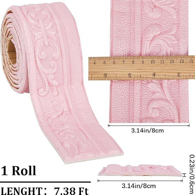 CRASPIRE 88 x 3in Crown Molding Peel and Stick 3D Flexible Foam Wall Trim Pink Self Adhesive Wallpaper Border Sticky Decorative Edging Baseboard Lines for Mirror Border Wall Hotel DIY Decor - Image 2