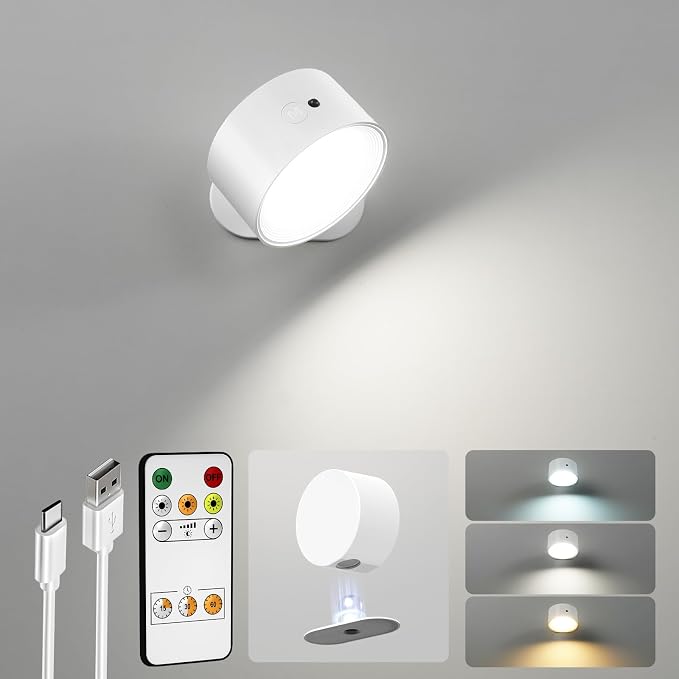 LED Wall Sconces, Rechargeable Wall Lights, White, 1 Pack | Cordless Design, 3 Color Temperatures, Dimmable, Remote & Touch Control, 360° Rotation, Bedroom & Living Room by AMETHEUS