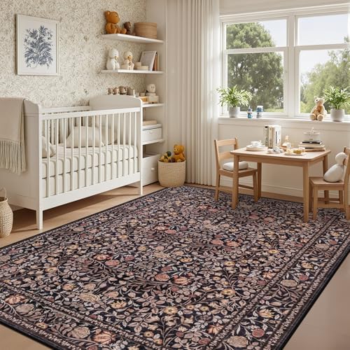 5x7 Area Rug Living Room: Soft Floral Washable Boho Carpet Brown - Image 4