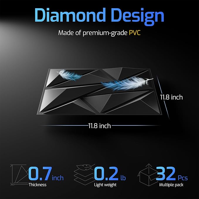 3D Wall Panels Black 32 Pack (Covers 31.5 Sq.Ft), 12" x 12" Diamond Texture Premium PVC Wall Tiles for Interior Decor, Waterproof & Paintable Accent Paneling for Gaming Room, Living Room - Image 3