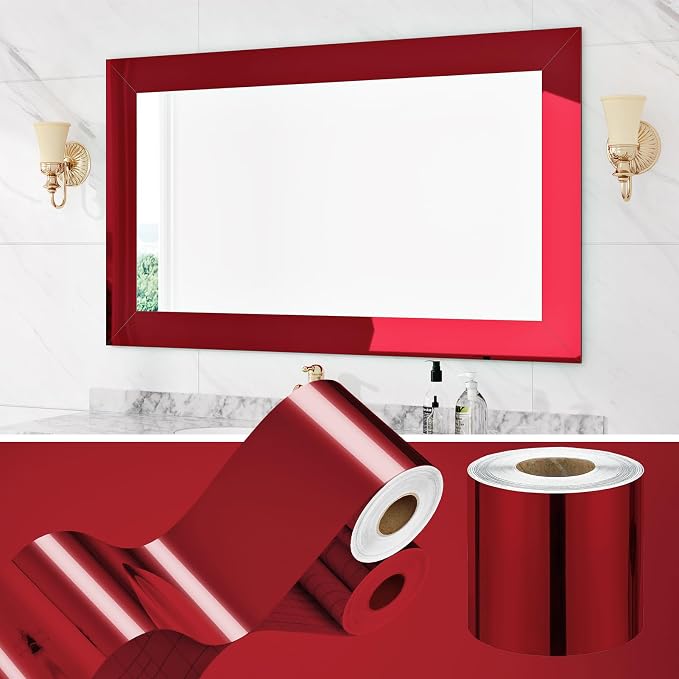 WESTICK Glossy Red Mirror Frame Border Trim 32.8Ft X 4" Bathroom Waterproof Red Mirror Tape Wallpaper Border Decorative Peel and Stick Bulletin Board Borders for School Office Birthday Party Decor by WESTICK