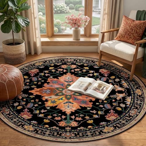 RELEANY Washable Area Rug, Round 4ft, Black/Colorful - Image 2