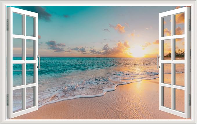 Sea Beach Wall Sticker Sunset Seascape Fake Window Wall Stickers Tropical Sandy Beach Faux Window Wall Decal Removable Ocean Landscape Window View Wall Mural for Living Room by Erllsino