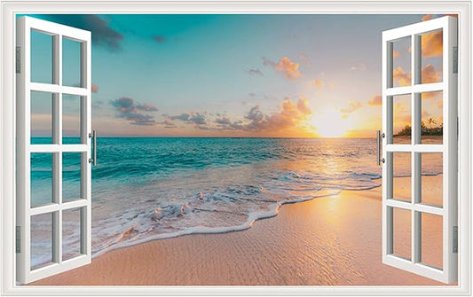 Sea Beach Wall Sticker Sunset Seascape Fake Window Wall Stickers Tropical Sandy Beach Faux Window Wall Decal Removable Ocean Landscape Window View Wall Mural for Living Room by Erllsino