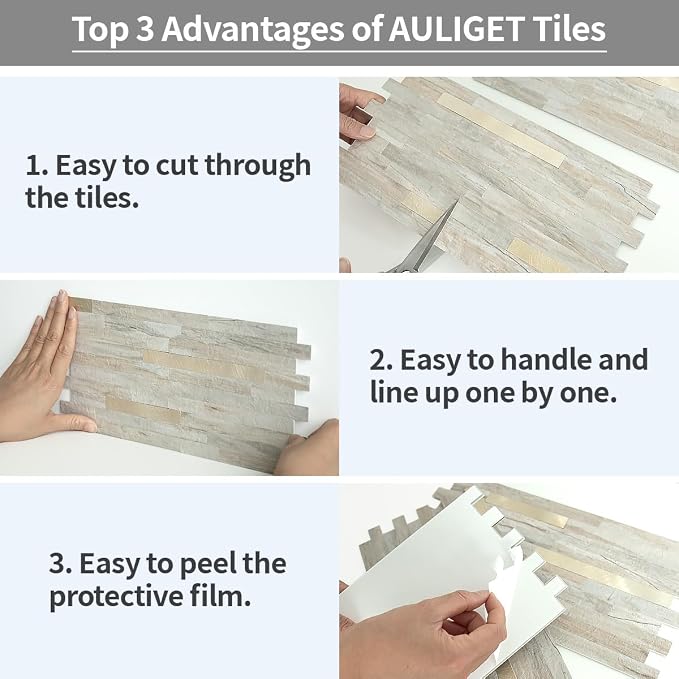 AULIGET 20 Sheets Faux Stone Peel and Stick Backsplash, Beige Marble Look PVC Wall Tile Stick on Backsplash for Kitchen and Bathroom - Image 7