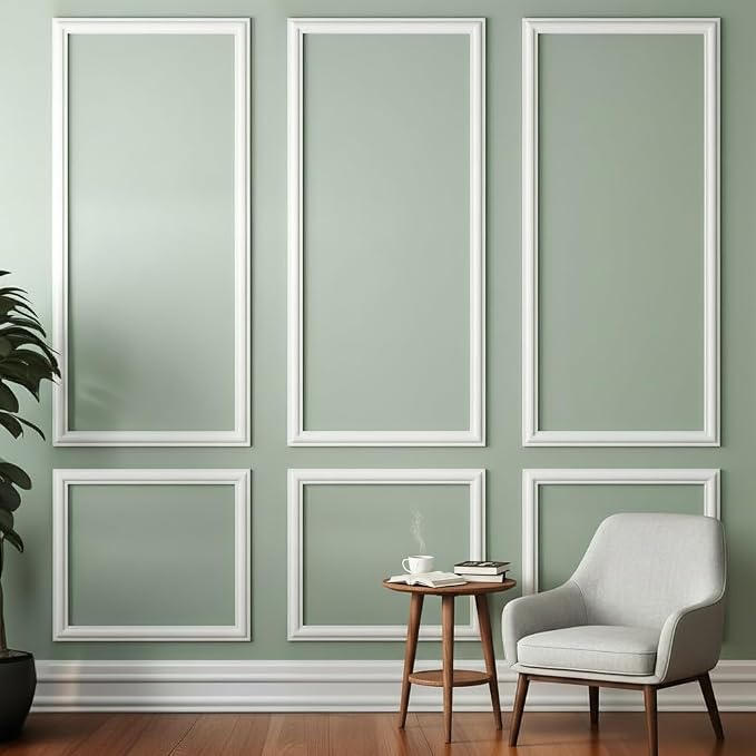 Peel and Stick Wall Molding Kit, 6 Large Frames, 54 x 24 Inch | Six 54 x 24 in pre-cut frames create a large-scale wainscoting layout for living rooms, dining rooms, and hallways. by Yandyn