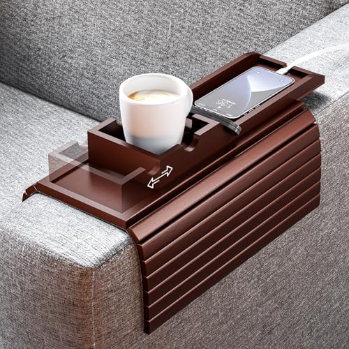 Bestjing Bamboo Couch Armrest Table with Cup Holder Tray (Walnut) by Bestjing