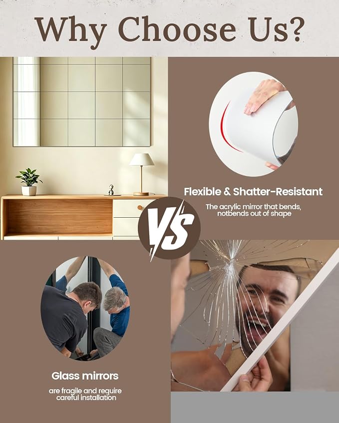 20 Pack Peel and Stick Mirror Tiles, 12x12 Inch Shatterproof Flexible Stick on Mirrors for Wall Self-Adhesive Sticker for Bedroom, Door, Bathroom, and Dance Studio Installation - Image 6