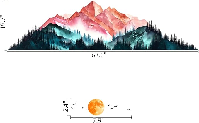 Mountain Sunset Bird Wall Decal Nature Living Room Entryway Decor Sticker | Peel and stick watercolor mountain landscape border trim, pine tree removable vinyl decor for living room bedroom entryway - Image 2