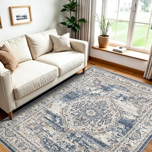 Washable Area Rugs 5x6 Entryway: Soft Ultra Thin Low Pile Mat Machine Washable Indoor Doormat Lightweight Entry Rug Anti Slip Backing Rugs for Living Room Bedroom Kitchen 5'x6' Blue by YOUFORTONG