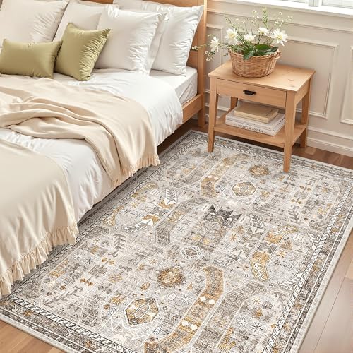Madane Area Rug 4x6 Washable Rugs Vintage for Living Room, Brown/Gold by Madane
