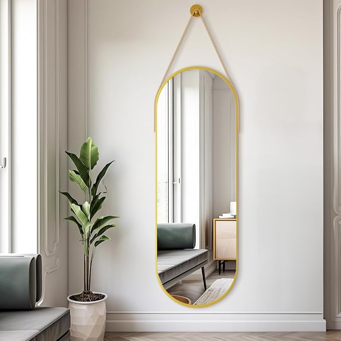 Dewfig 48"x16" Full Length Mirror, Oval Wall Mirror, Leather Strap, Gold - Image 5