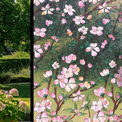 Retro Flowers Window Privacy Film, Magnolia Stained Glass Decorative Window Film for Glass, Rainbow Stained Window Cling Sticker Floral Removable Static Cling for Window (1, Peach Flower, 17x118.1in) - Image 2