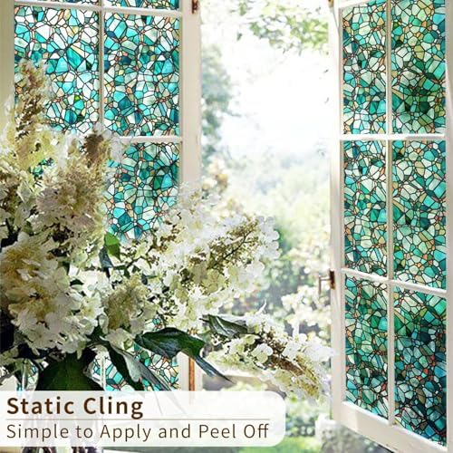 funlife Original Hand-Drawn Privacy Stained Glass Window Film, Single Sided Static Cling Window Cling Suitable for Entryway, Reusable Glass Windows Door Decor, Pine Cobblestones, 16.93"x118" - Image 5