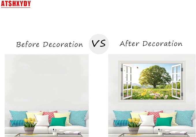 Large Murals 66"x48" Fake Window Wall Mural Sping Green Tree Grassland Flower Forest Faux Window Wall Cling Art Picture Office Poster Decals Decor, Stick and Peel Landscape Natural Scenery Scene - Image 4