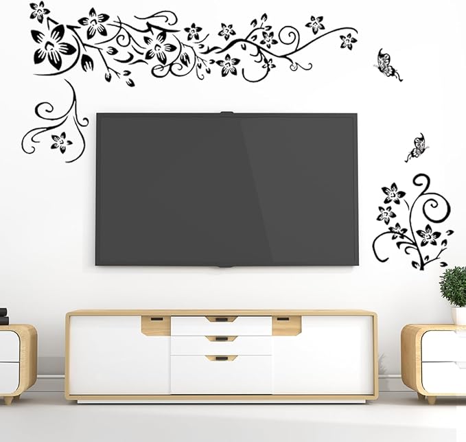 Joyartu Flowers Vine Decals Black Flowers Butterfly Wall Stickers, Diagonal Floral Decals for Living Room TV Background, DIY Home Decor - Image 2