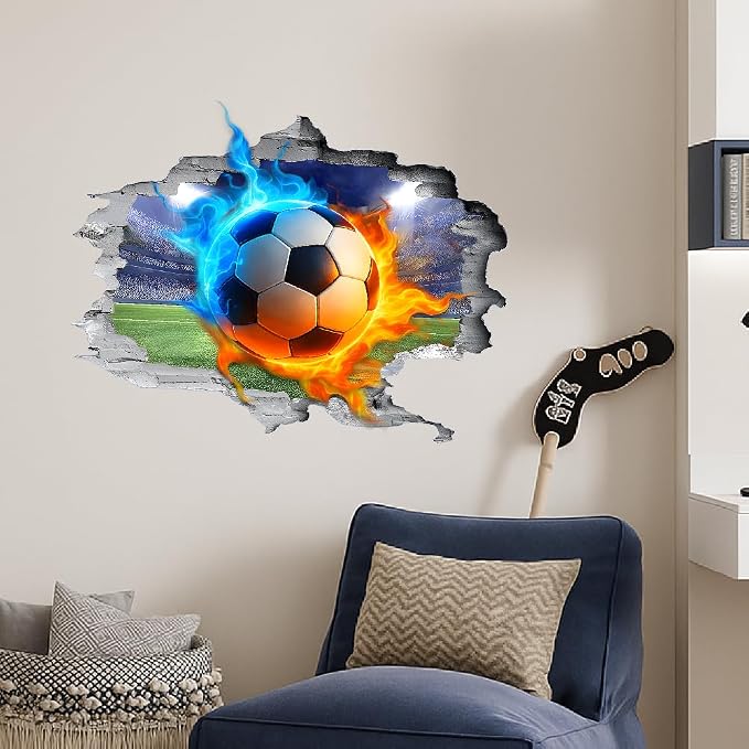 SUPERDANT 3D Soccer Wall Sticker Flame Football Break Through Wall Decal Peel and Stick Vinyl Art Mural for Boys Kids Room Bedroom Livingroom Playroom Home Nursery Decoration Gifts - Image 4