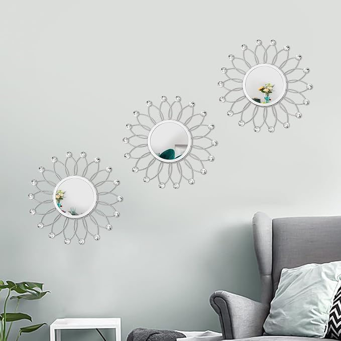 3 Pack Metal Mirrors for Wall Sunburst Wall Mirrors Home Décor Decorative Hanging Wall Art for Living Room Bedroom Entryway (Silver Crystal, Flowers) - Image 6