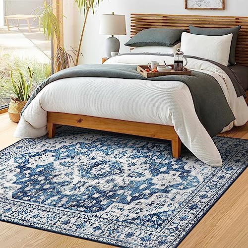 Moynesa Ultra-Thin Washable Vintage Area Rug - 4x6 Living Room Rug for Bedroom Office, Low Pile Non Slip Oriental Laundry Bathroom Mat Indoor Floor Carpet for Entrance Kitchen Mudroom - Image 3