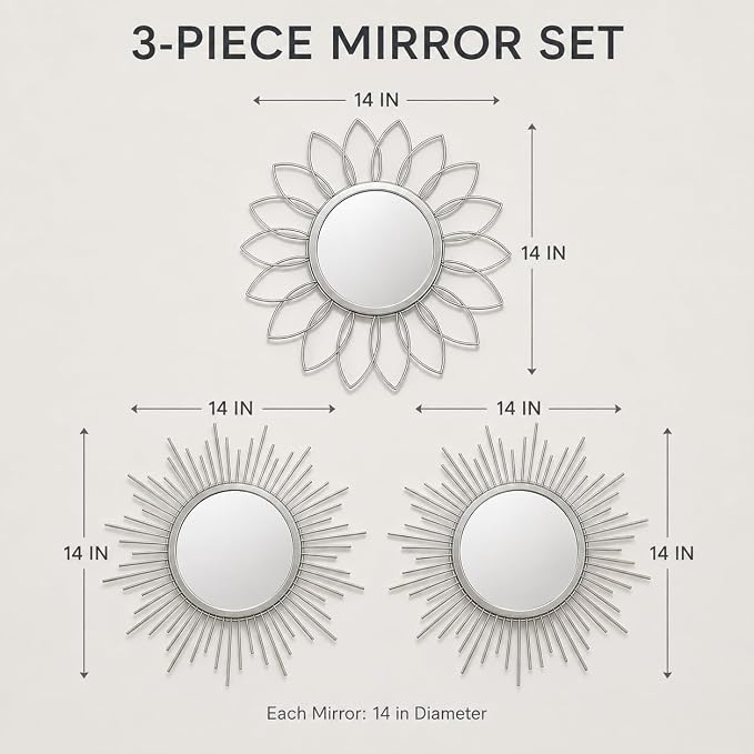 Silver Sunburst Mirror 14x14 Inch, Decorative Wall Accent with Metal Frame, Small Sun Mirror for Living Room, Bedroom, Entryway, Hallway, Boho Modern Home Decor - Image 4