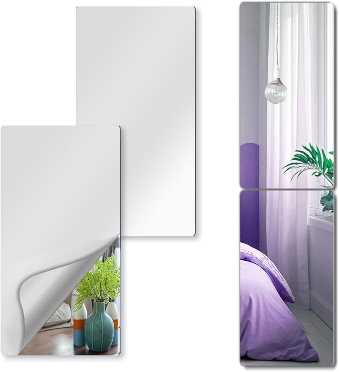 Shatterproof Wall Mirror Full Length for Bedroom, Acrylic Gym Mirror for Home, 23.9 x 14 Inch x 2 PCS, Extra Thick: 0.12 Inch, Workout Mirrors Safe for Kids, Long Wall Mounted, Over The Door Mirrors by UNBREAKABL+MIRO