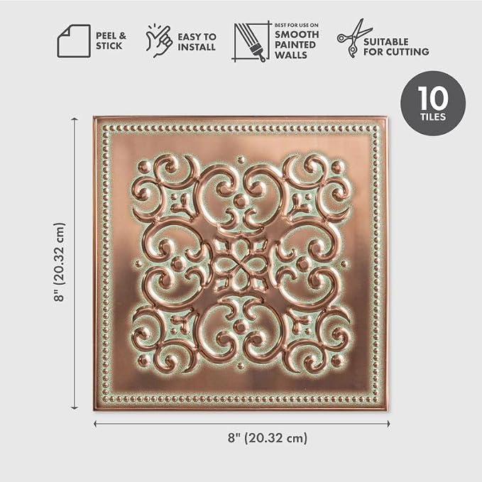 Peel and Stick Metal Backsplash Tiles, Patina Copper, 10-Pack | 8 x 8 in tile size; Covers up to 4.44 sq ft; Aluminum; Water-resistant surface; For kitchens, ceilings, DIY projects - Image 2