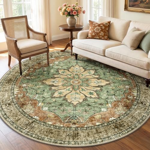 RELEANY Washable Area Rug, Round 6ft, Brick/Brown/Green by RELEANY