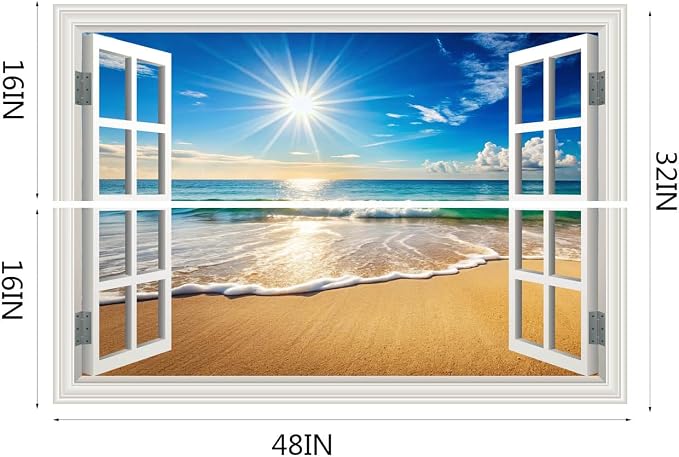 Fake Window Wall Decals Beach Ocean Sea Faux Window Wall Sticker Art Picture Poster Coastal Room Decor, Stick and Peel Landscape Natural Scenery Sunrise Seascape Scene Mural（48"x32"） - Image 2