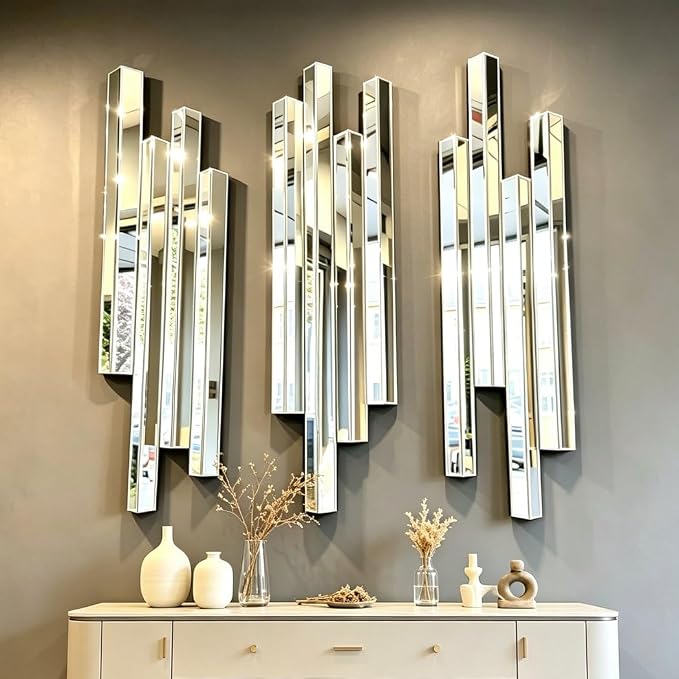 Modern 3 Pack 28x8 Staggered 3D Silver Mirror Wall Set Mirror Decor by VOHJD