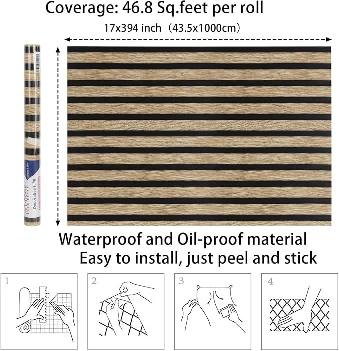 Arthome 17''x393'' Wood Slat Wallpaper,Peel and Stick Self Adhesive Wood Wallpaper PVC Vinyl Decorative Removable Wallpaper Waterproof Faux Wood Grating Stripe Contact Paper for Living Room Bedroom - Image 7