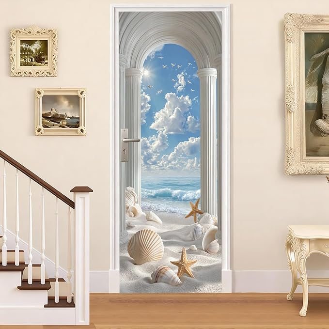 Roman Arch Seashell Beach Door Mural Peel and Stick 30.3x78.7in | 30.3x78.7in Roman arch seashell ocean door mural peel and stick; removable self-adhesive door decal for home decor - Image 2