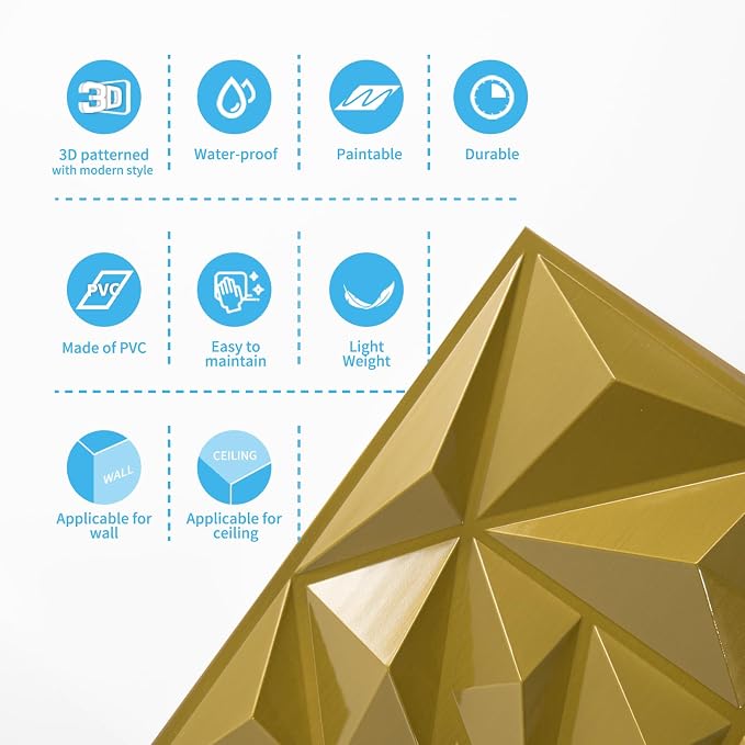 Art3d 33-Pack Modern Diamond Textured 3D Wall Panels, 12 x 12 in, Gold | Light PVC, Waterproof, Scratch Proof, Decorative Wall, Ideal for Home, Office & Commercial Spaces - Image 6