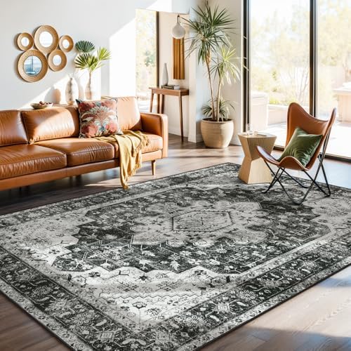 Moynesa Ultra-Thin Washable Area Rugs 8x10 Black and White Rugs for Living Room, Boho Large Rugs for Bedroom Non Slip Lightweight, Vintage Low Pile Carpet for Dining Room Home Office Decor by Moynesa