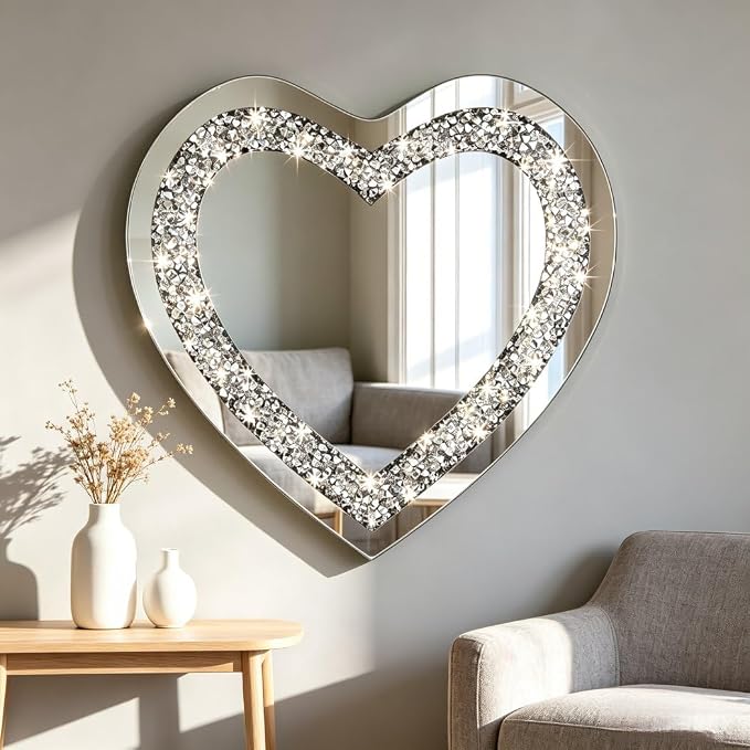 DMDFIRST Crystal Crush Diamond Heart Shaped Silver Mirror for Wall Decoration 24x24x1 inch Wall Hang Frameless Mirror Acrylic Diamond Décor. - Image 4