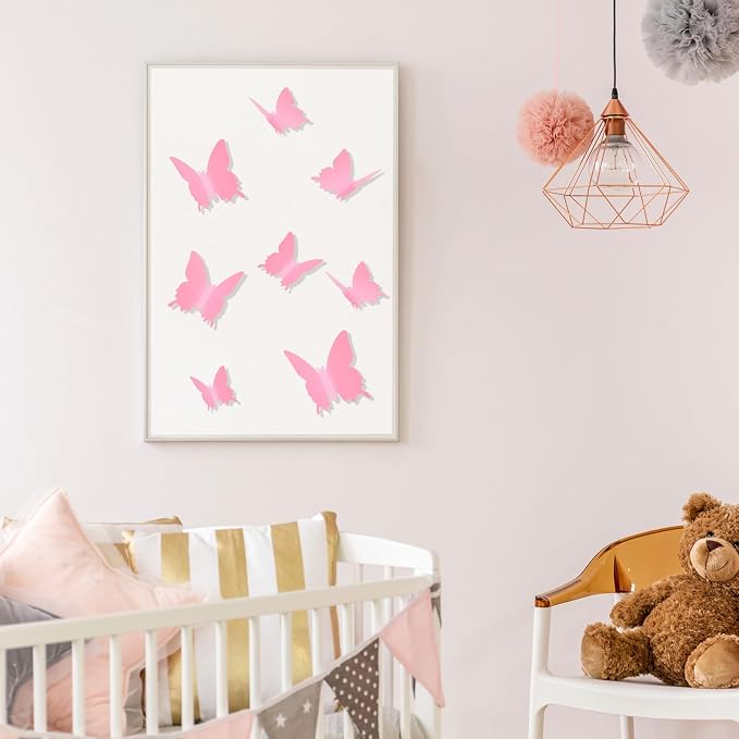 BBTO 48 Pcs 3D Butterfly Mirror Wall Decor,Pink | Butterfly Stickers,3 Sizes,for Birthday Party Cake,Room Nursery Bathroom Wall Decor,Removable Peel Stick,Reflective - Image 7
