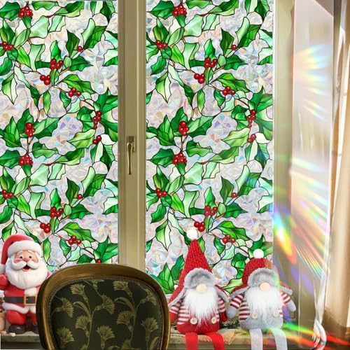 Christmas Window Film Christmas Green Window Clings DIY Glass Art Decoration Xmas Red Berry Designs Privacy Film Stained Glass Window Film Windows Sticker for Holiday Bedroom Door Decor - Image 3