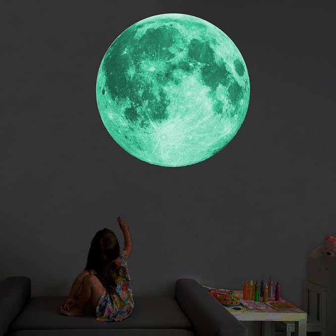 Quanhaigou Glow in The Dark Wall or Ceiling Moon Stickers – Green Luminous Big Moon Wall Stickers DIY Decor for Kid Room - Image 7