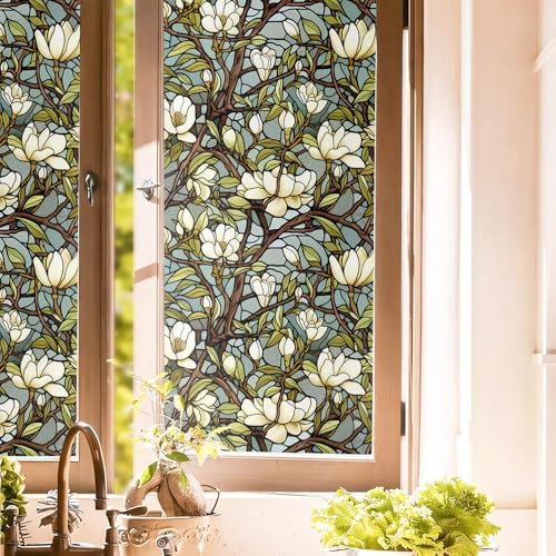 White Magnolia Floral Tree Green Leaf Vintage Stained Glass Window Films Decorative Double-Side Privacy Film Self-Adhesive Static Clings for Living Room Bathroom Glass Windows Decor by Unknown
