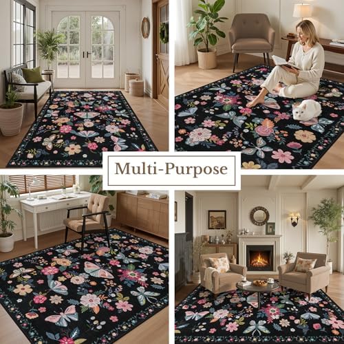 6x9 Area Rug Living Room: Soft Floral Washable Boho Carpet Black - Image 5