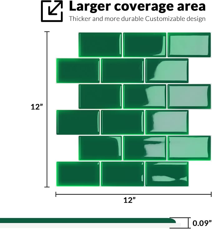 Joysticky 10-Sheet Peel and Stick Backsplash, 12" * 12" Laser Crystal Texture Stick on Tiles Backsplash for Kitchen & Bathroom，Thicker Design Peel and Stick Wall Tiles (Green) - Image 4