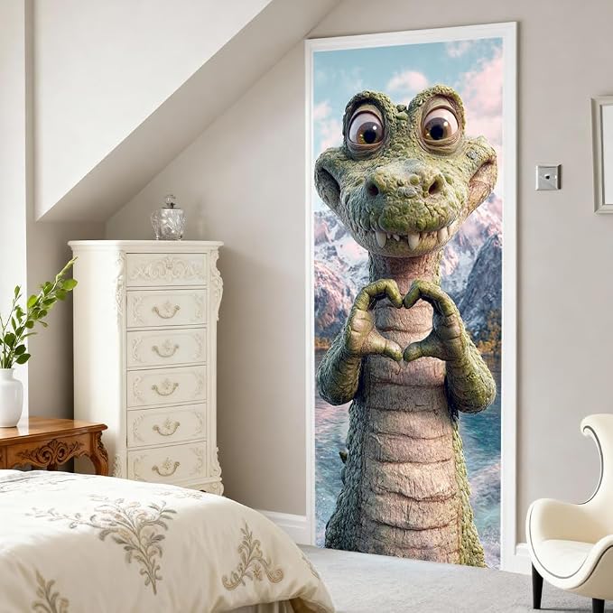 Cute Dragon Door Mural, Fantasy Green Creature Door Cover | Waterproof PVC, 30.3" W x 78.7" L; cute fantasy dragon design for bedroom, kids room, game room or closet doors. - Image 5