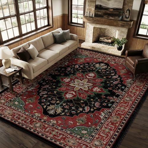 RELEANY Washable Area Rug, 8'x10', Red/Black by RELEANY