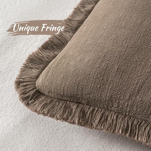 MIULEE Linen Fringe Decorative Fall Throw Pillow Covers Cocoa Brown 18x18 - Image 3
