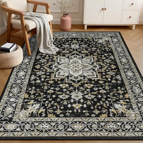 5x7 Area Rugs Living Room: Washable Rug for Bedroom Black Gold - Image 3