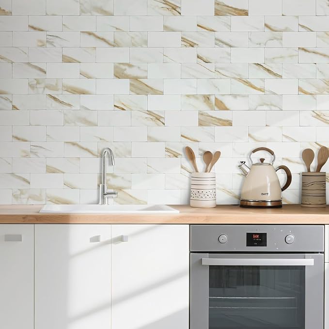 AULIGET 4-Piece Calacatta Gold Marble Look Peel and Stick Backsplash Wall Tiles, 3" x 6" Faxu Stone PVC Stick on Tile for Backsplash Kitchen, Bathroom, Laundry Room, Camper, Fireplace - Image 2