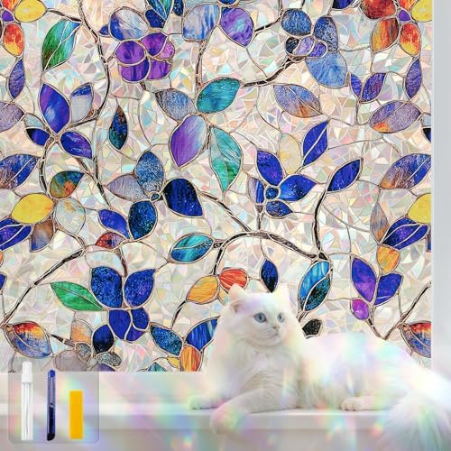 Stained Glass Window Privacy FilmDecorative Rainbow Static Clings -ldeal for Home &Office,Adhesive-Free,Removable, Uv-Blocking (Purple Rainbow, 35.4 X 157.4 in) by QHYsunshine