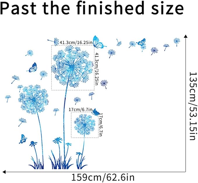 Arawat Dandelion Flower Stickers Blue Butterflies Wall Decor for Bedroom Office Bathroom Living Room Floral Wall Decal Removable Peel and Stick Room Decor - Image 5