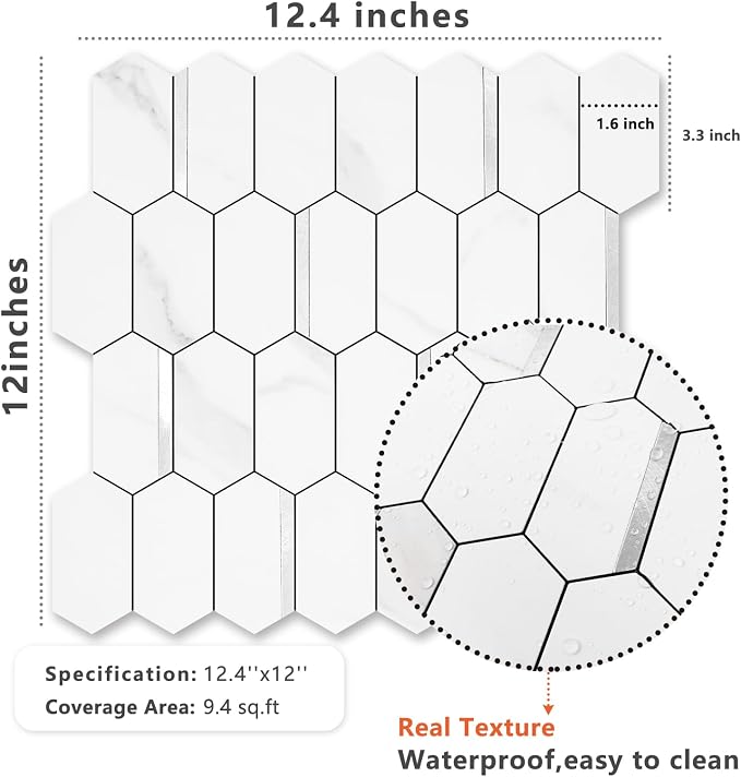 Vamos Tile Long Hexagon Peel and Stick Backsplash Tile - 10 Sheets Stick on Backsplash for Kitchen and Bathroom 12.4 x 12 Inch White Marble Look PVC Mixed Metal Silver Self Adhesive Mosaic Wall Tiles - Image 5