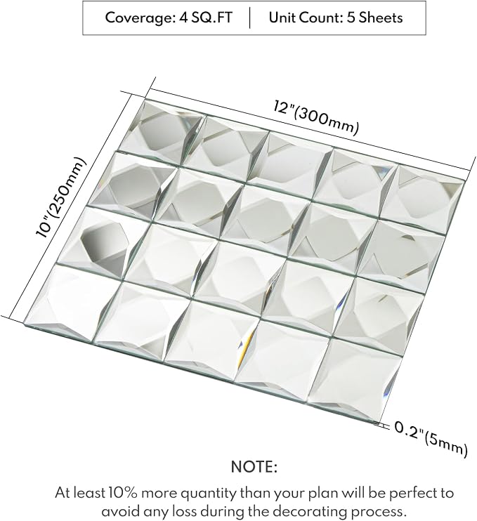 Lovdeco Peel and Stick 2" Mirror Glass Mosaic Tile 9 Faces Beveled Silver Crystal Mosaic Tile for Kitchen Backsplash, 12x10 Inch, 5 Sheets - Image 2