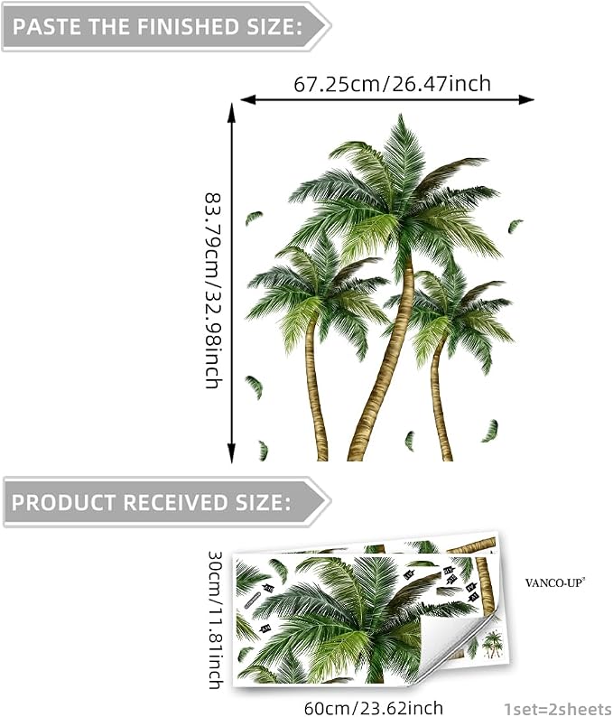 2 Sheets Palm Tree Wall Decals Peel and Stick Coconut Wall Stickers & Murals Green Leaves Wall Decor Removable Beach Stickers for Living Room Bedroom Classroom Bathroom Nursery Coconut Girl Room Decor - Image 5